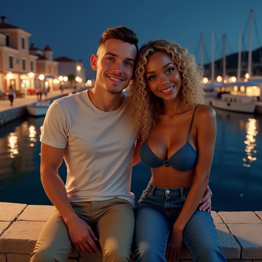 Selfie, Two friends, a White male man, 30's, brown eyes, buzz cut hair style, buzz cut hair, he wears a white T-shirt and beige pants,A woman Toffee color skin, beautiful toffee mixed woman with long blond curly hair and extremely detailled clear yellow eyes, middle body, she wears a sexy blue top and a Flared denim pants, selfie,They are sitting on a stone wall with a view of a port at night, ultrarealism