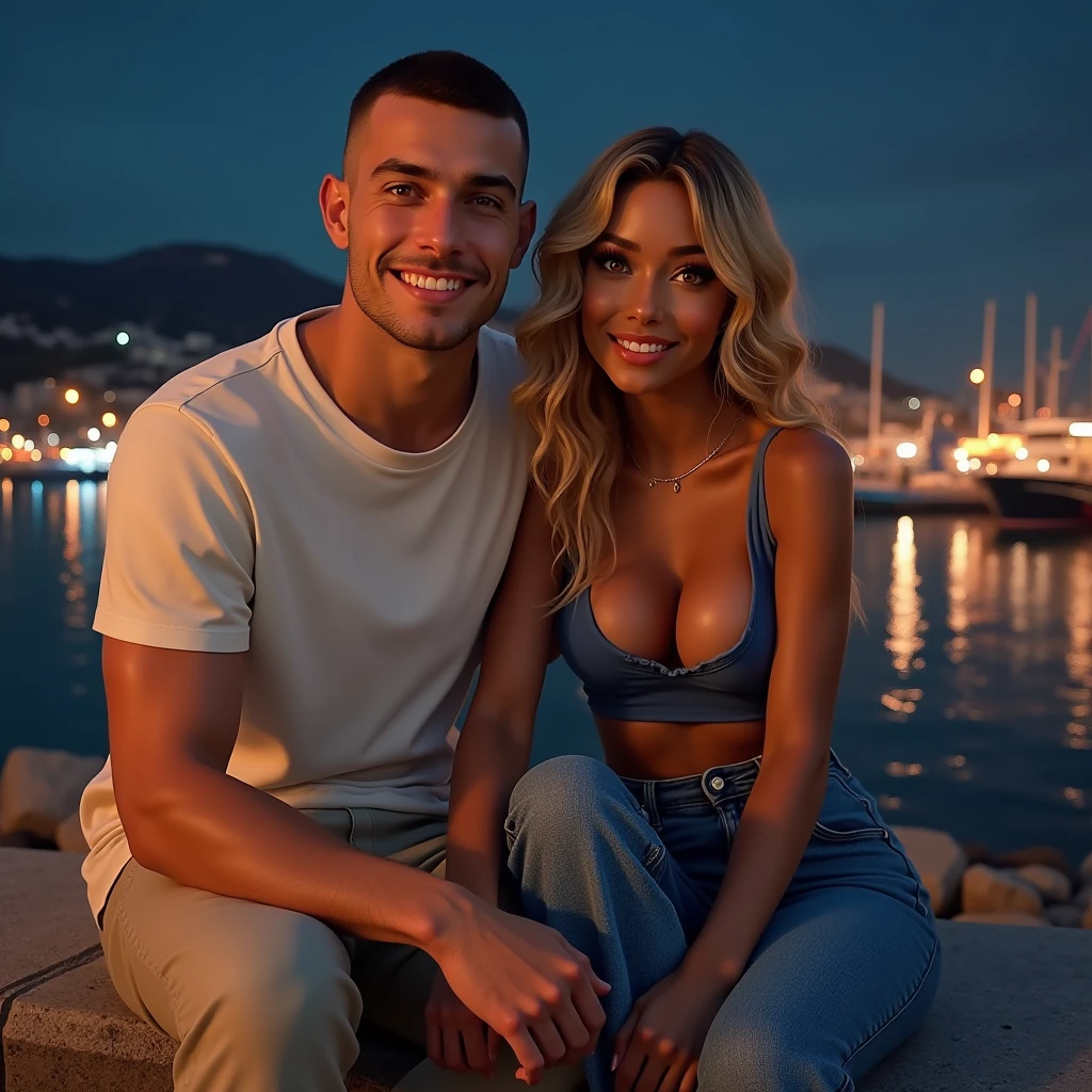 Selfie, Two friends, a White male man, 30's, brown eyes, buzz cut hair style, buzz cut hair, he wears a white T-shirt and beige pants,A woman Toffee color skin, beautiful toffee mixed woman with long blond curly hair and extremely detailled clear yellow eyes, middle body, she wears a y blue top and a Flared denim pants, selfie,They are sitting on a stone wall with a view of a port at night, ultrarealism