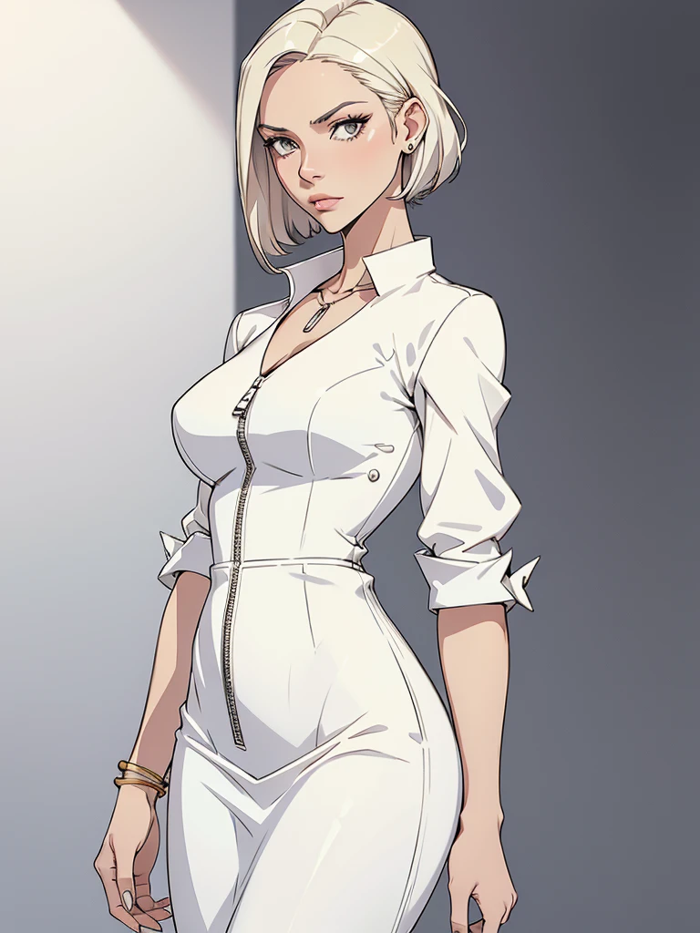 makeup, mascara, simple color palettes, one woman 2, stylish, Clean, chic stylish business woman, sharp designs, plain background, flowing silhouettes, matte, zipper, Tight skirts and pants, (white clothes), high-waisted skirts and pants, simple dresses, shirts and blouses, asymmetrical, geometric, sexy, sultry, chic, Elegant and luxurious materials and designs, Simple, accessories, Slim necklaces and rings in silver or gold, Simple bangles, Distinctive designs, simple silhouettes, blazer, chic and mature impression, simple and sophisticated style, slender body, elegance, minimalism, high quality materials, cool and urban impression, high fashion, (large breasts), zipper, simplicity and sophistication, plain white dress, pencil skirt, chic white dress, busty, [Victoria Beckham],[[KateBeckinsale]],[[[Jenna Coleman]]],[[[Tricia Helfer]]], [[Sara Sampaio]], (short platinum blonde hair)

