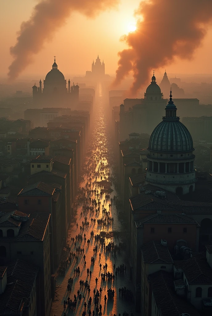 Rome’s Final Days An aerial view of Rome at twilight, with key landmarks like the Colosseum and Pantheon partially destroyed. Smoke rises from several parts of the city, and the streets are filled with chaos and confusion, symbolizing the end of the Roman Empire.