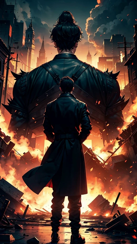 Make a man with his back to the screen watching a kingdom burn on his knees