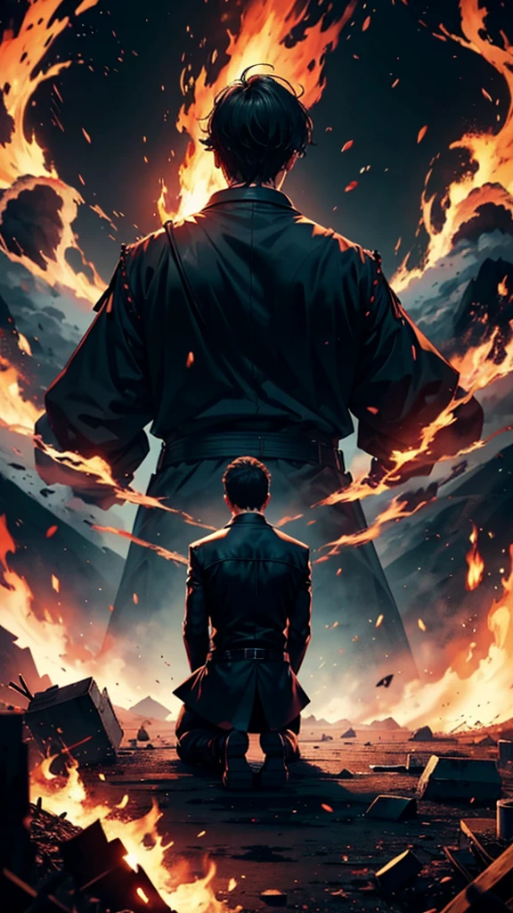 Make a man with his back to the screen watching a kingdom burn on his knees