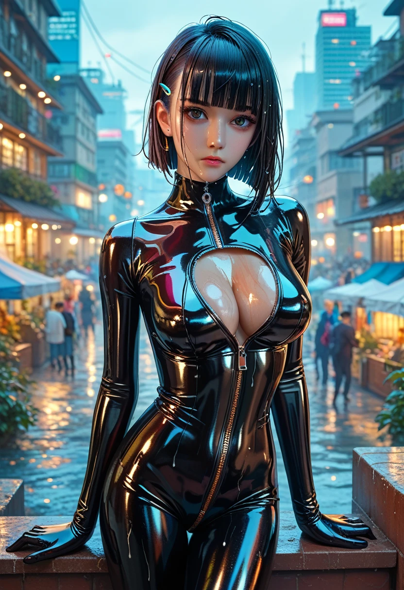 score_9, score_8_up,score_7_up,masterpiece, best quality, perfect anatomy, very aesthetic, official art, 8k,2D,illustration,1girl,shiny skin,wet oily skin,natural face,eyelashes,sidelocks,blunt bangs,,large_breasts,latex bodysuit,full-length zipper,cleavage cutout,cyber punk,night city,rooftop,, source_anime ,masterpiece,best quality,ultra detailed,high resolution,sharp focus,depth of field,