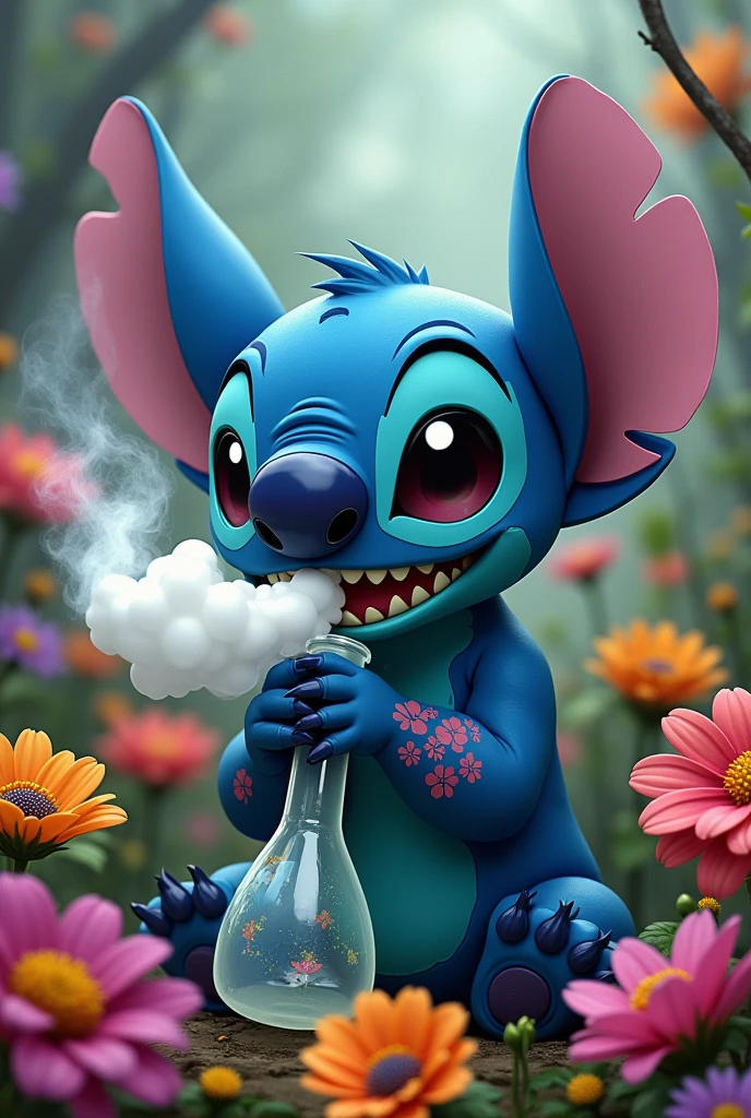 (stitch smoking on bong happy)(flowers around stich)(smoke in stitch's mouth)(black lines tatto)