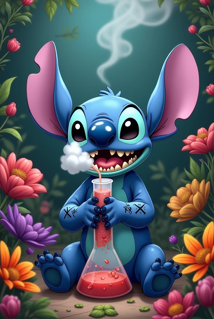 (stitch smoking on bong happy)(flowers around stich)(smoke in stitch's mouth)(black lines tatto)