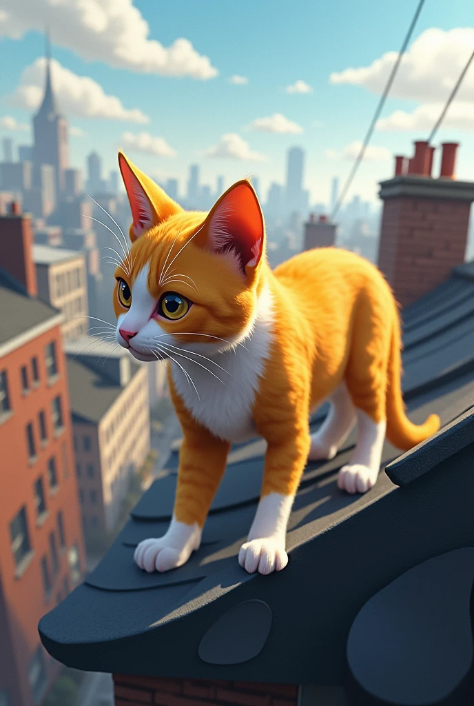 Yellow and white cat scanning for danger from the roof