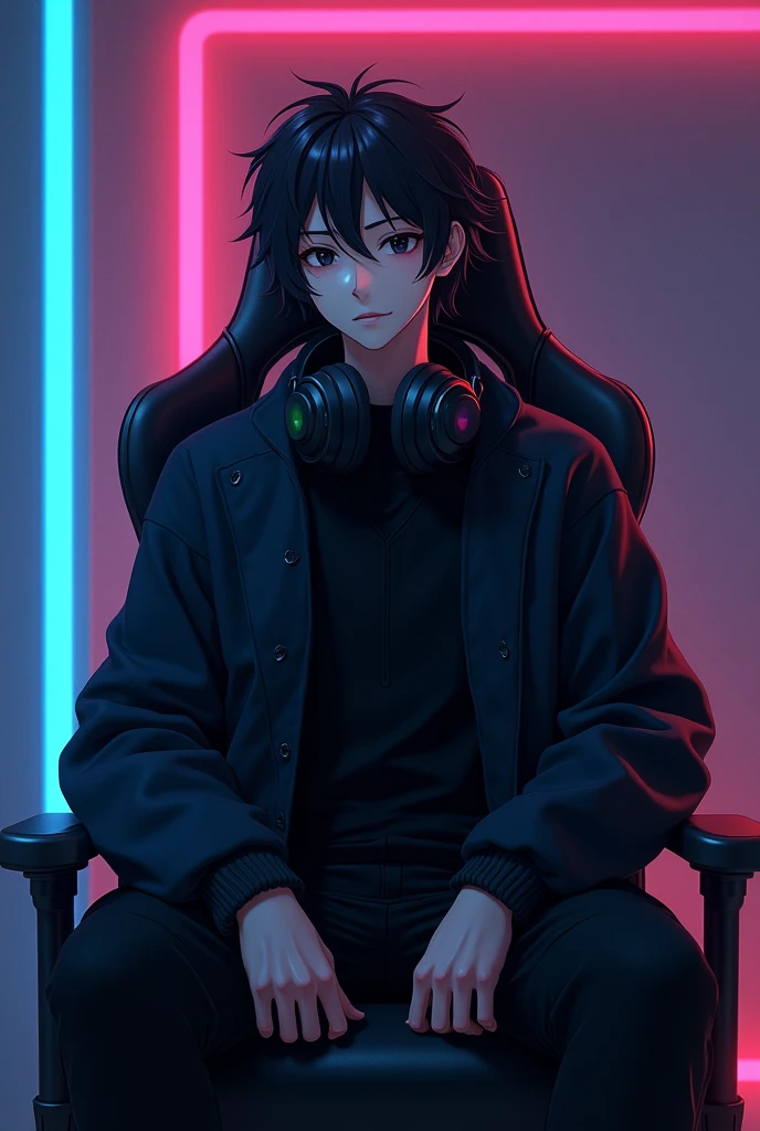 Young man with black hair , black eyes, black oversized coat and black pants sitting on a gaming chair with LED lights in the background and wearing headphones , gentle face Anime