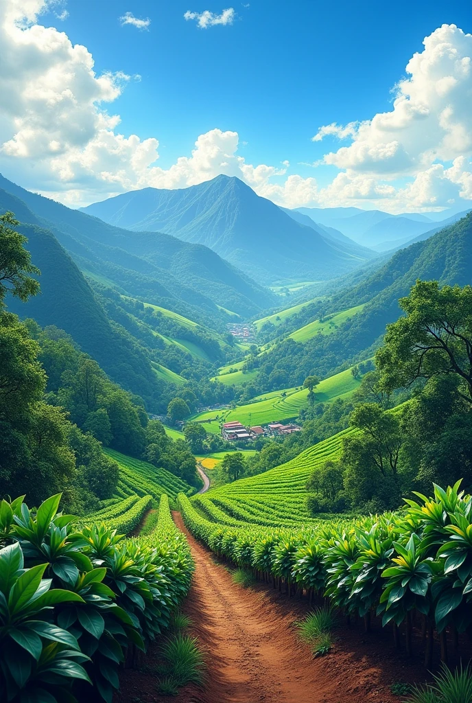 COLOMBIAN MOUNTAINS BACKGROUND WITH COFFEE PLANTATION AND BEAUTIFUL SKY