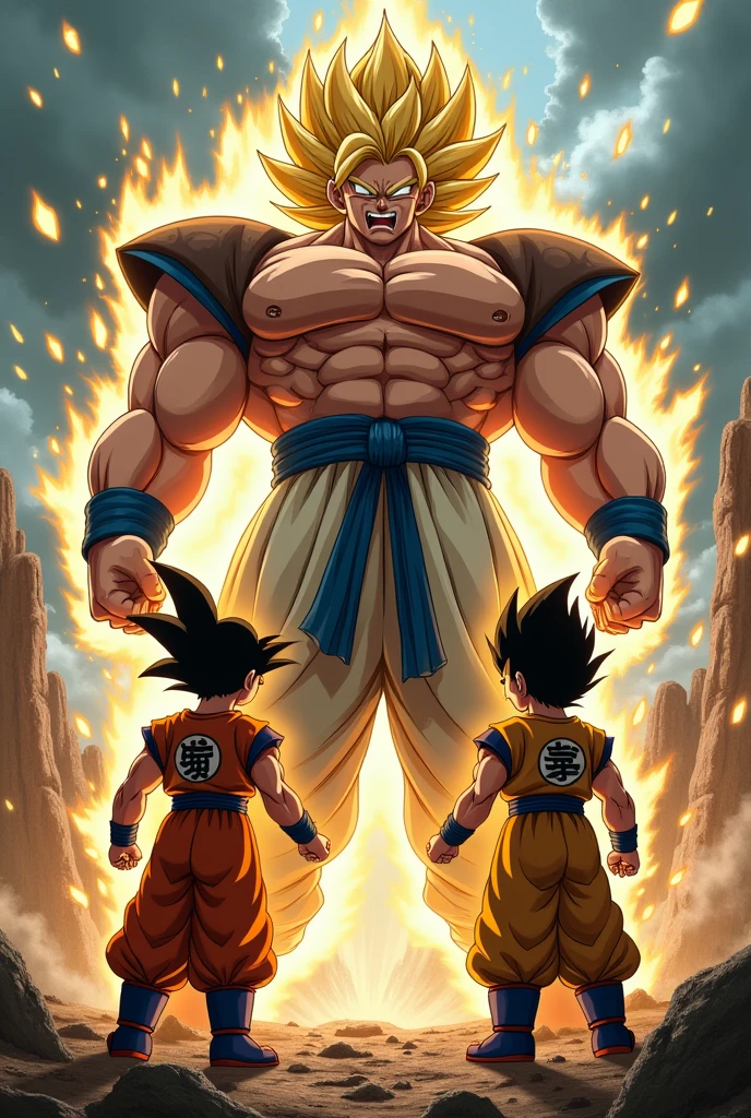 Create an epic image where Gohan and Vegeta team up and fight Broly 