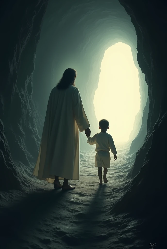 Jesus walking holding the hand of a white child with his back turned in a place similar to a very dark tunnel on the way to the light, climbing an incredibly dark 4x4 sized hill