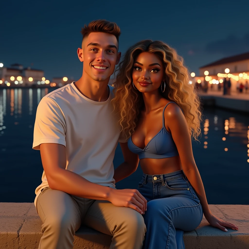 Selfie, Two friends, a White male man, 30's, brown eyes, buzz cut hair style, buzz cut hair, he wears a white T-shirt and beige pants,A woman Toffee color skin, beautiful toffee mixed woman with long blond curly hair and extremely detailled clear yellow eyes, middle body, she wears a sexy blue top and a Flared denim pants, selfie,They are sitting on a stone wall with a view of a port at night, ultrarealism