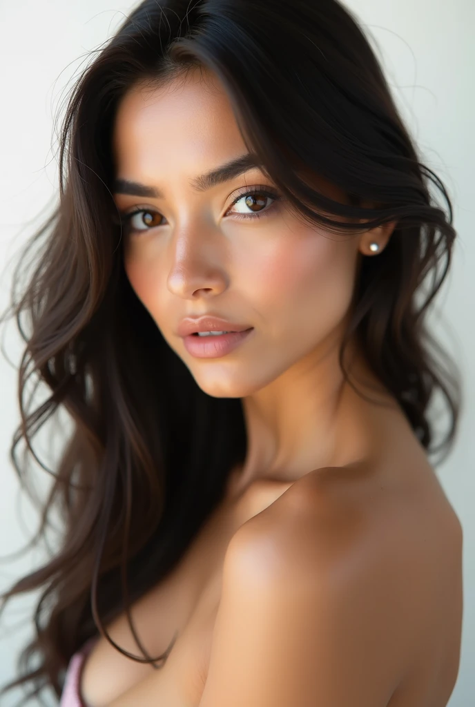 (realism, ULTRA realism, FACE OF 1 GIRL, beautiful skin, ULTRA DEFINED FACE, maximum details, skin pores, realistic textures, perfect and beautiful eyes, beautiful lips, HYPER REALIMO, maximum reality, PROFESSIONAL CAMERA Fujinon XF 100 – 400 mm f/4.5 – 5.6 R OIS WR) Create a hyperrealistic portrait of an 1 Latina female model, slightly tanned white skin, She is beautiful and has delicate features. The model has a face with delicate features. Her eyes are beautiful, well defined light brown color, almond-shaped and a soft light brown color, framed by long dark eyelashes. She has finely arched eyebrows that complement the delicate structure of her face.. His nose is small and elegant, and her lips are full with a soft natural brown tone. Her hair is long, wavy and light brown, falling gently on his shoulders. The expression on her face is serene and graceful., with a slight hint of a smile. The background must be black, professional study, Professional lighting enhances and highlights the focus on your delicate features. The lighting is soft and even, highlighting the subtle contours of your face, giving the image a warm and cozy feel. maxima defincion