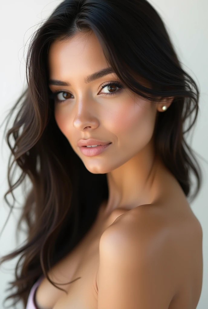 (realism, ULTRA realism, FACE OF 1 GIRL, beautiful skin, ULTRA DEFINED FACE, maximum details, skin pores, realistic textures, perfect and beautiful eyes, beautiful lips, HYPER REALIMO, maximum reality, PROFESSIONAL CAMERA Fujinon XF 100 – 400 mm f/4.5 – 5.6 R OIS WR) Create a hyperrealistic portrait of an 1 Latina female model, slightly tanned white skin, She is beautiful and has delicate features. The model has a face with delicate features. Her eyes are beautiful, well defined light brown color, almond-shaped and a soft light brown color, framed by long dark eyelashes. She has finely arched eyebrows that complement the delicate structure of her face.. His nose is small and elegant, and her lips are full with a soft natural brown tone. Her hair is long, wavy and light brown, falling gently on his shoulders. The expression on her face is serene and graceful., with a slight hint of a smile. The background must be black, professional study, Professional lighting enhances and highlights the focus on your delicate features. The lighting is soft and even, highlighting the subtle contours of your face, giving the image a warm and cozy feel. maxima defincion