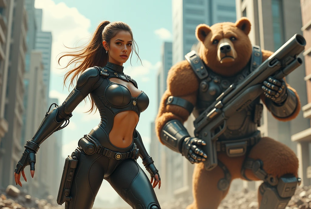 ((A beautiful girl combat cyborg and her partner, a brown bear cyborg))、Two cyborgs、(The cute girl's partner is a big brown bear)、Angle from below、(Perfect Anatomy:1.4)、Watching the audience、A futuristic cityscape that has become a battlefield against an army of enemy robots、The girl has a beautiful face and beautiful eyes.、A confident smile、(Super hourglass body type:1.2)、(Super big breasts pointing upwards:1.4)、Narrow waist、(Wide super big ass)、(Cyborg girl's super sexy combat suit)、(His partner, the brown bear Cyborg, is a powerful warrior who combines the power of the wild with the power of science.)、The brown bear has been modified to have large, powerful steel claws.、(Two cyborgsの複雑な改造パーツを詳細に描写)、((Big and powerful gun))、((Hold the gun correctly and get into fighting position))、Correct fingers、(Two cyborgsのアクロバティックな戦闘アクションポーズ)、(inflammation)、(light)、((Combat with enemy robots))、(Sci-fi movie fight scenes)、Ultra-Details、(Realistic、photoRealistic、photo-Realistic:1.37)、(Raw photo、masterpiece、8k、Highest quality)、(High resolution:1.3)