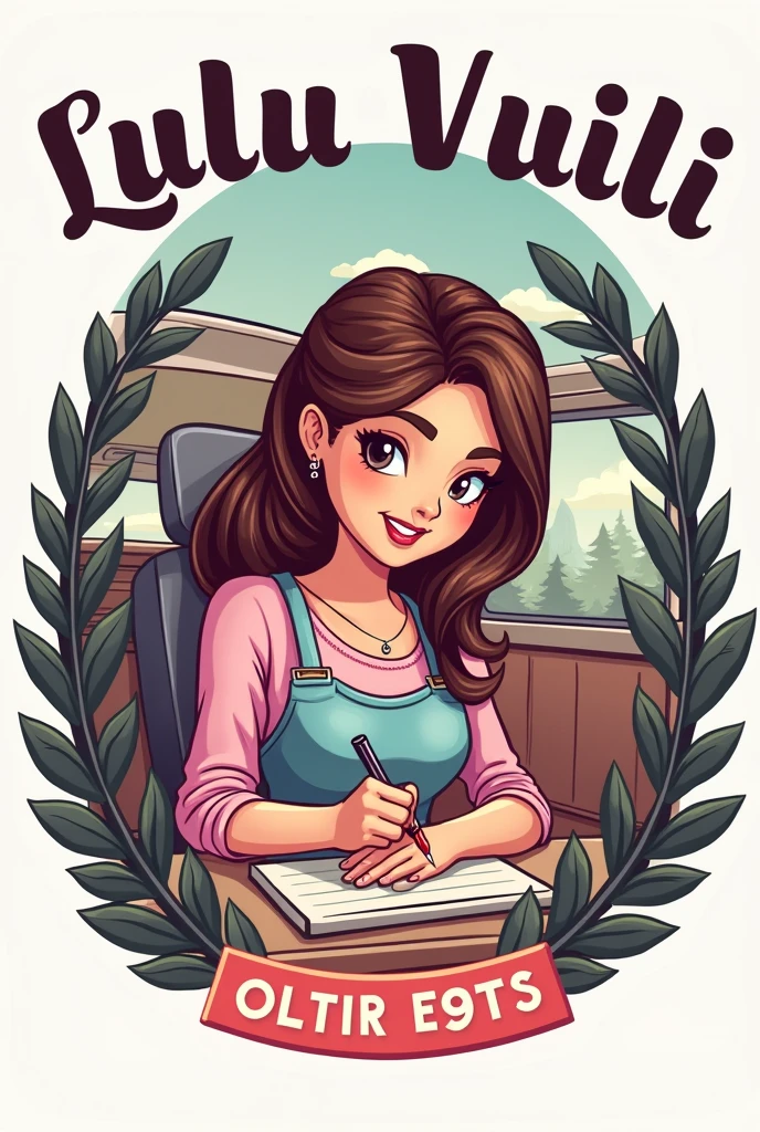Cree un logo pour une onglerie sur roues dans un fourgon emménager, whose name is Lulu Vroumette. There is a brown haired lady doing nails