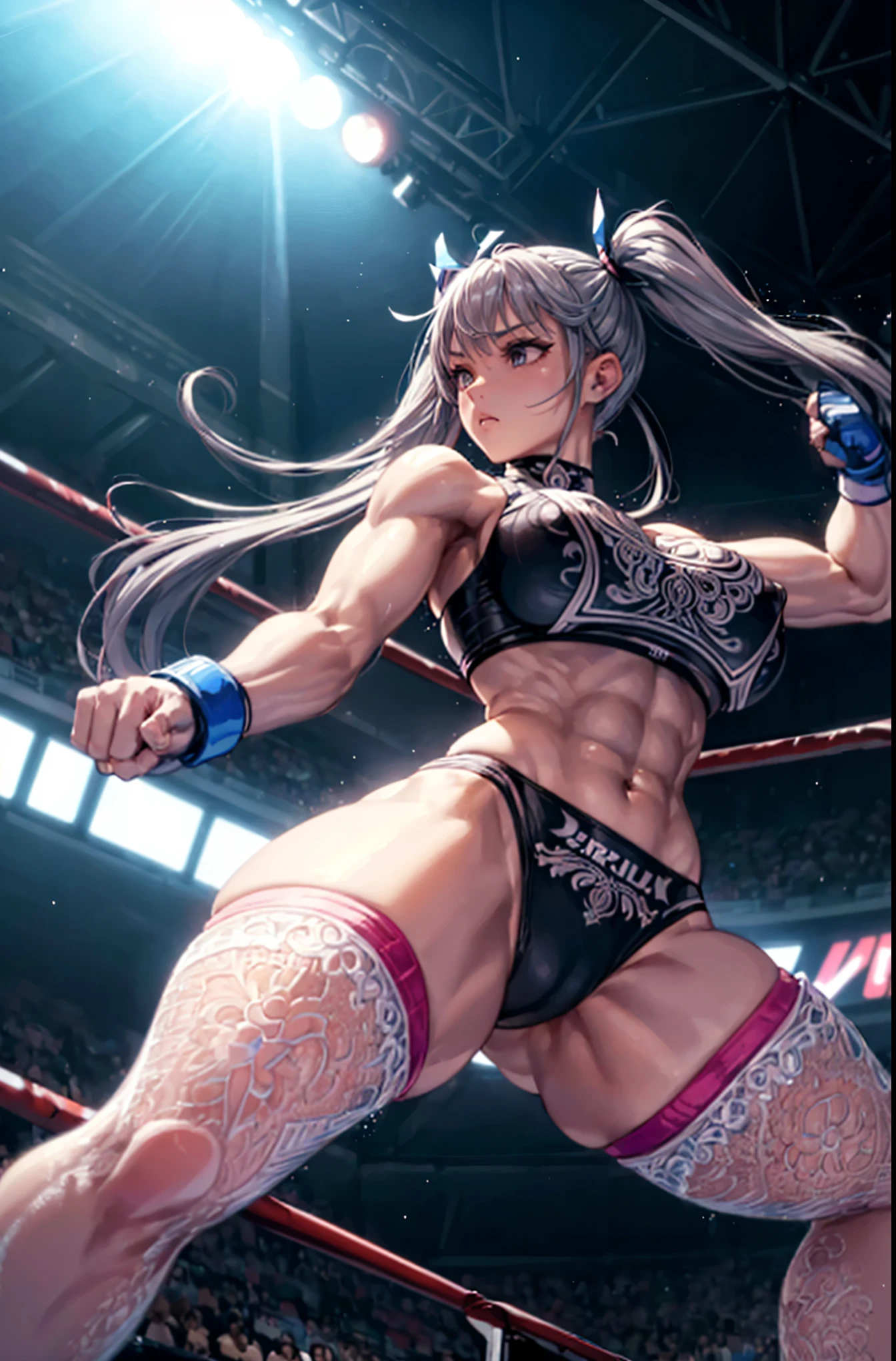 an illustration (young woman, wrestler fighter/kicking, abs, sports bra, erect nipples, (((intricate))) Sparkling light reflects(round breasts), up twin-tails hair, octagon, UFC), dynamic action, in WWE, core intelligence, Run Faster, colorful, intense shading, ((from below)),