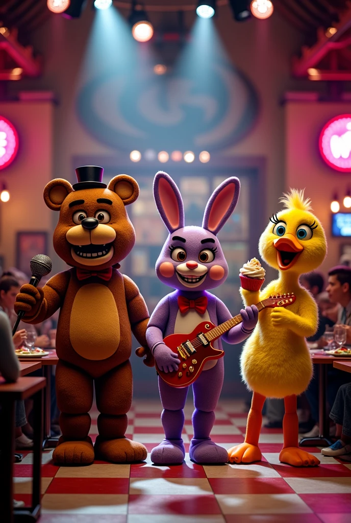 A pizzeria written on top Freddy Fazer Pizza's,This pizzeria has three large animatronics on stage singing, which are a bear with a microphone named Freddy.,a purple rabbit with a guitar named Bonnie and a yellow chicken named Chica holding a cupcake