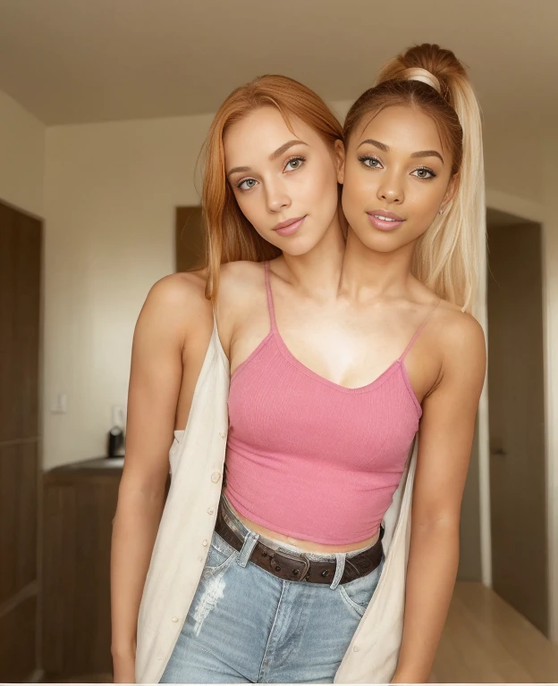 50-year-old dark skinned Nigerian woman named Biena and, her pale white Irish lover with ginger hair named Estella, neighbors, 2000’s housewives, modern era housewives, (hugging each other tight, squishing their bodies together, slow dancing, hanging in her arms, flowing together), gazing at each other, in love, lusting after each other, they had sex together, (detailed 2000’s kitchen, traditional home kitchen, brown wooden cabinets, soft lighting, warm lighting, 2000’s home background, contemporary) (( Estella is a pale white Irish woman, ginger hair, wavy hair, shoulder length hair, bangs over forehead, lots of freckles all over her body, slim body, fit body, middle aged woman, mother, still beautiful, face wrinkles)), ((Biena is 50-year-old, sexy, black short and straight hair, bangs, dark brown African skin, suntanned skin, black skin, onyx skin, ebony skin, thick thighs, slightly chubby, middle aged, mother, face wrinkles)), ultra-realistic photo, feminine features, ((both have very different facial features, ethnicities, and skin colors)), ((wearing modern street clothes, tube top, jeans, light jacket, low neckline, tattoos, jewelry)), conjoined, 2 heads, different heads, different skin colors, vitiligo, harsh mixing, clear boundary where skin color changes, smooth transition, contrasting skin colors