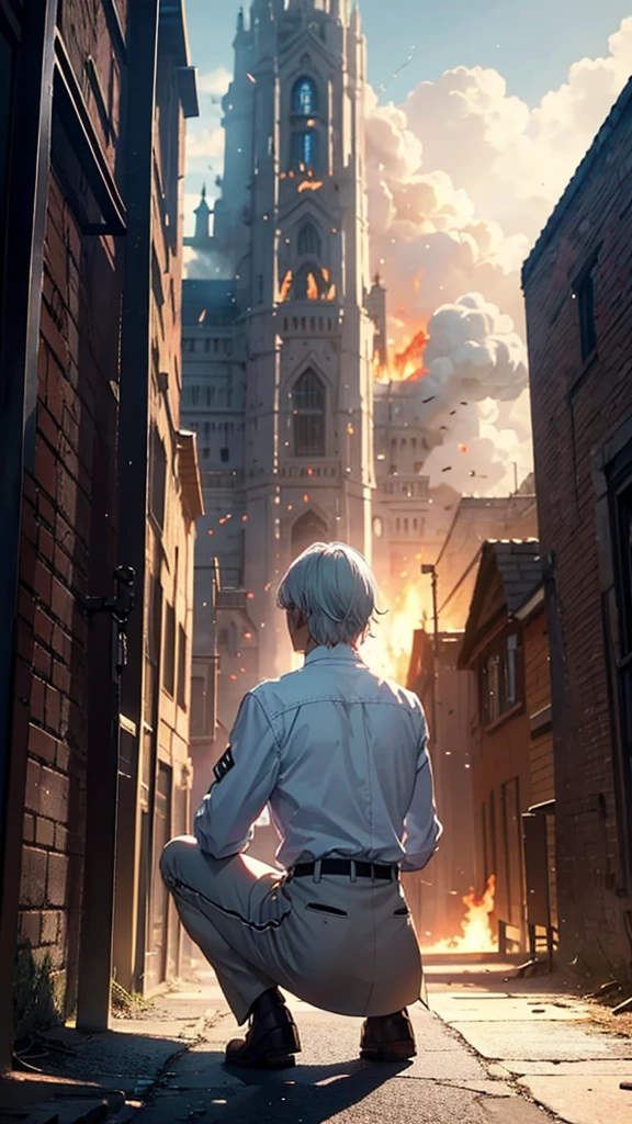 Make a white-haired man with his back to the screen watching a kingdom burn on his knees 