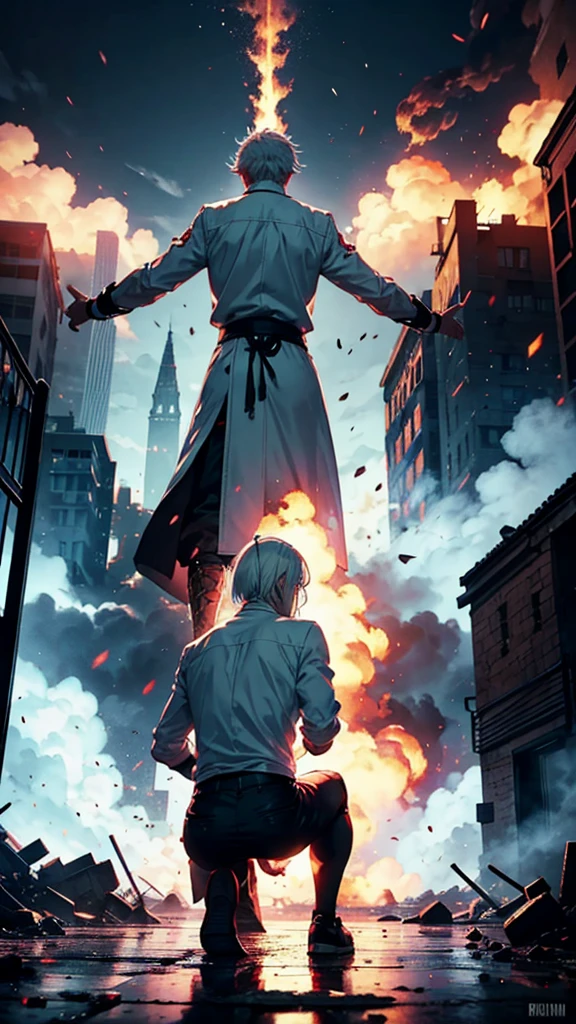 Make a white-haired man with his back to the screen watching a kingdom burn on his knees