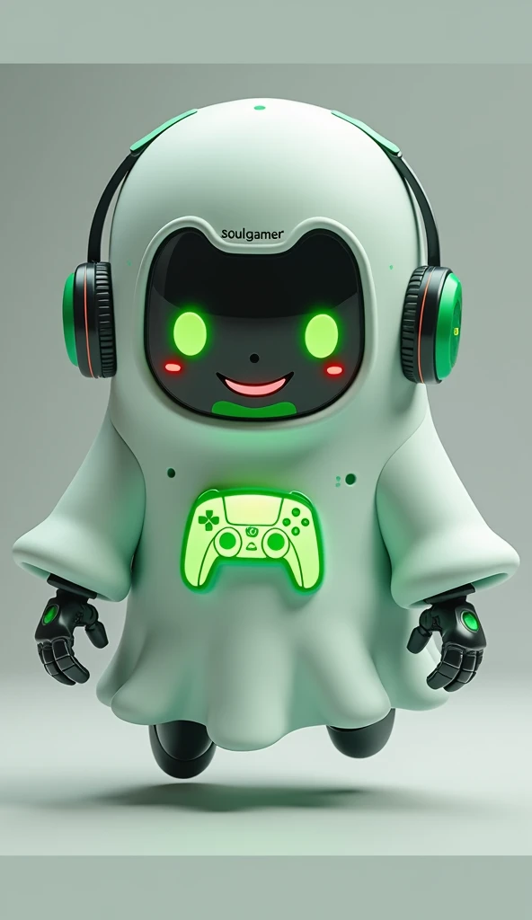 Create a medium-sized robot pet with a ghost-like appearance. With slightly rounded shapes resembling a drop. Create a medium-sized robot pet with a ghost-like appearance. With slightly rounded shapes resembling a drop. On his hands he has well-defined fingers and fluorescent green details.. His facial expression has large, green eyes with a glow, conveying a friendly and cheerful expression. He has a small open mouth with a happy smile and flushed cheeks.. Its body is white with small green details and a smooth, slightly shiny texture.. On his forehead is written the word "Soulgamer".He has a headset on his head with an adjustable microphone positioned close to his mouth.. And on his chest you can see the illuminated shape of a Playstation 5 controller in fluorescent green.. He floats in the air as if he is ready for an adventure, but you can see the tips of their feet which also have fluorescent green details.