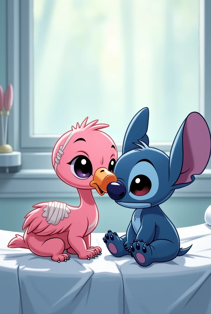 Baby flamingo and Stitch injured in hospital sad crying cartoon