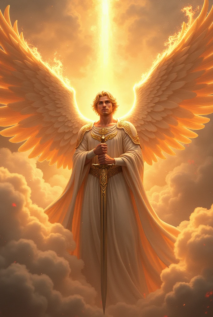 in a heavenly setting a male archangel holding a flaming sword
