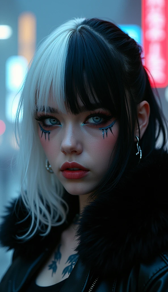 Girl、tattoo、fog、cyberpunk、black fur、monochrome、half white and half black、hyperrealistic, neon, made up