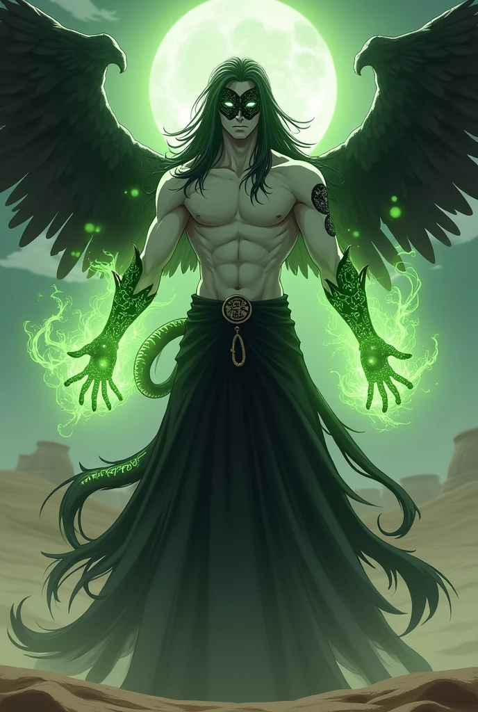 masterpiece, best quality, ultra high res, beatiful, stunning, elegant, incredible details, detailed, aura, flying feathers, (dark green theme:1.1), glowing green eyes, cinematic lighting, ultra-high quality, 8k, full body, man, long flowing black hair, handsome, pale white skin, Black long skirt, (no shirt, abs:1.1), green details, (Dark magical energy enveloping arms:1.4), looking at viewer, posing, charging a green energy with hands, cifer ulquiorra, big claws, (full face black mask with green runes:1.2), (hundreds of black wings:1.3), (angelical black halo:1.25), (big black demonic tail:1.2), desert background, solo, crazy looking, menacing, (anime style:1.5)