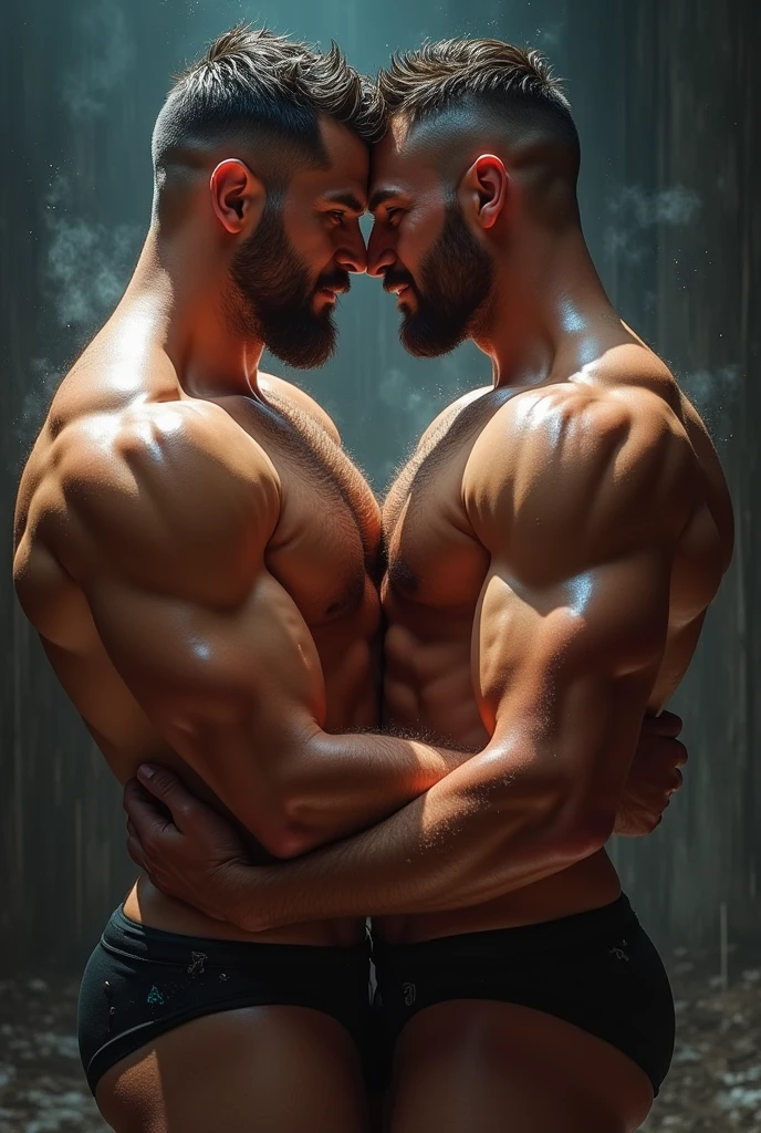 Capture the fluidity of movement, the interplay of bodies, and the expressions of desire. Solo, Wrestling men only, sexy, sensual, mega muscle, hyper muscle, masculine appearance, mature male, handsome, jockstraps only, shirtless, , Beautiful muscles, complex and elegant, highly detailed digital painting, anime style art, art station, concept art, top quality, masterpiece, ultra high definition, detailed background, realistic figure, muscular man, muscle, light blue facial hair, volumetric lighting, depth of field, smooth and sharp focus, illustration, art, string bite, trimmed hair, muscles, navel, muscles, male, light blue pupils, heart in the eyes, drooping eyes, gay, hyper muscles, male focus, muscles male, yaoi, muscles, buttocks, pectoral muscles, large pectoral muscles, thick quadriceps, thighs, wet body, heat and steam emanating from the body, sweating, drenched, crotch, big back, showing back, showing ass, upper class, shiny oiled skin, Glittering oiled skin, tanned skin, cute pose, submission pose, pretty, lovely, submission, intoxication, ecstasy, favorable, mellow, captive, mesmerizing expression, NSFW version, low angle, NFSW. Focus on touch, connection, and relaxation. wearing jockstraps. hard