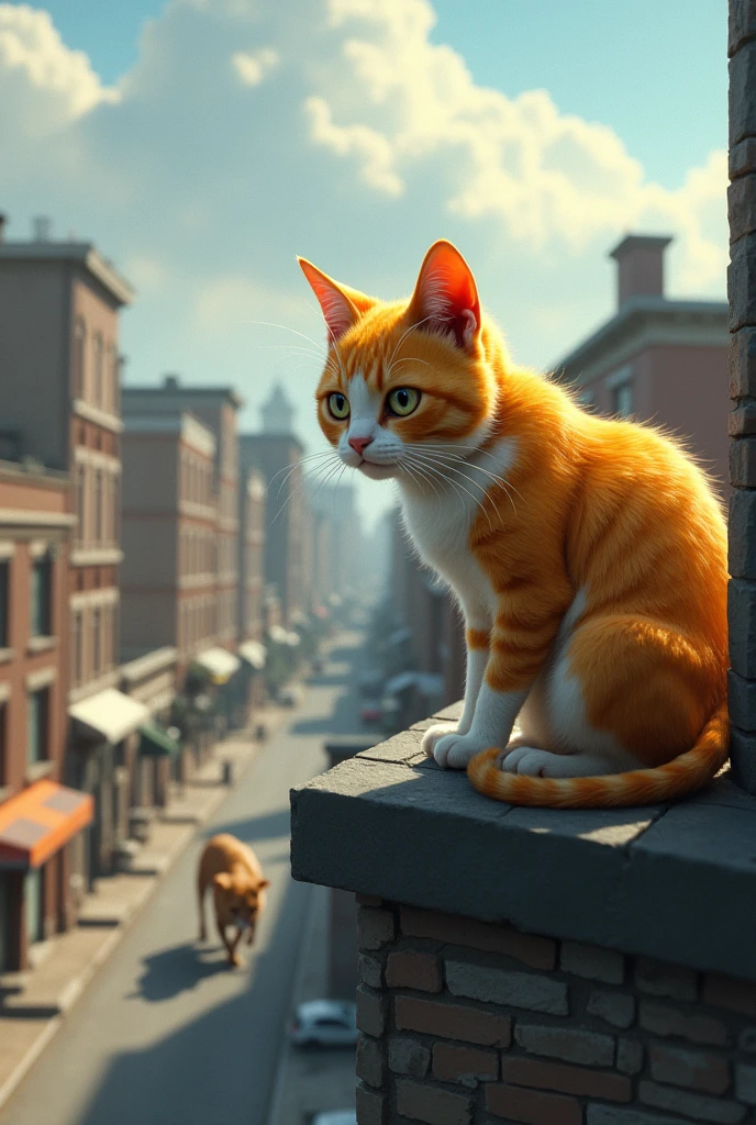 Yellow and white cat scanning for danger from the roof upon seeing a brown and white pitbull