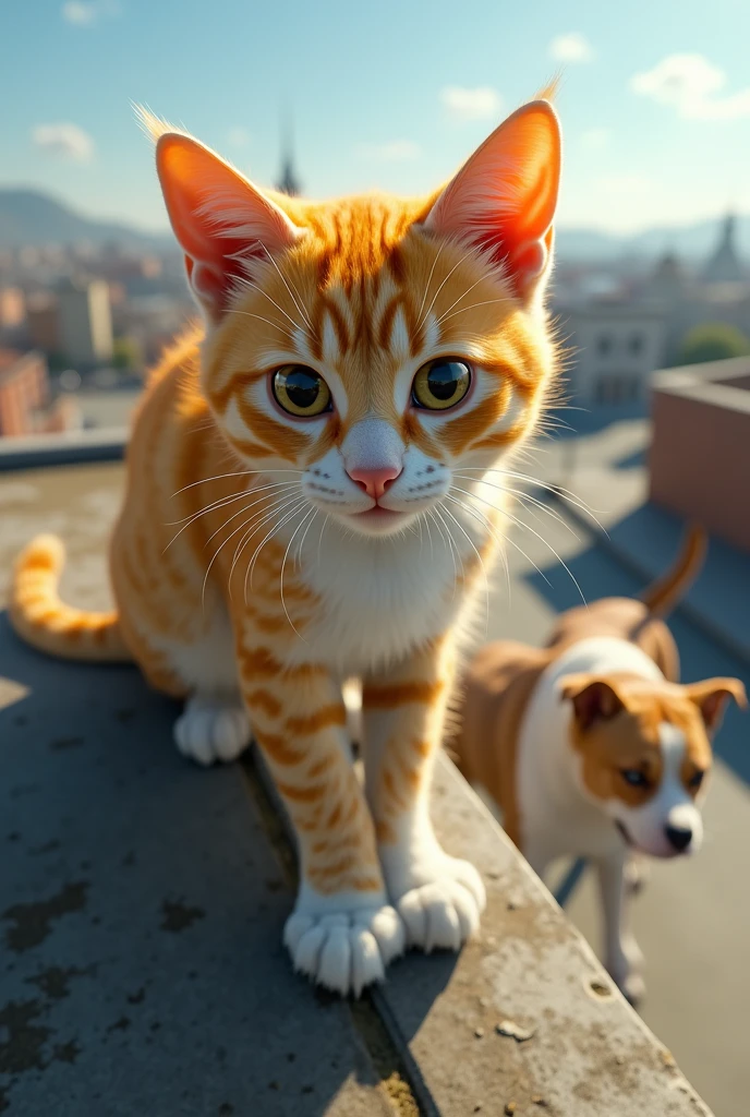 Yellow and white cat scanning for danger from the roof upon seeing a brown and white pitbull