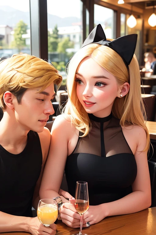 A beautiful woman named Majara Huber has long, beautiful blonde hair and is wearing an elegant cat-themed headband. She is dressed in a stylish black sleeveless dress and is happily sitting at a table in a restaurant, drinking wine with her husband. Her husband is also at the table, and they are enjoying their drinks together.