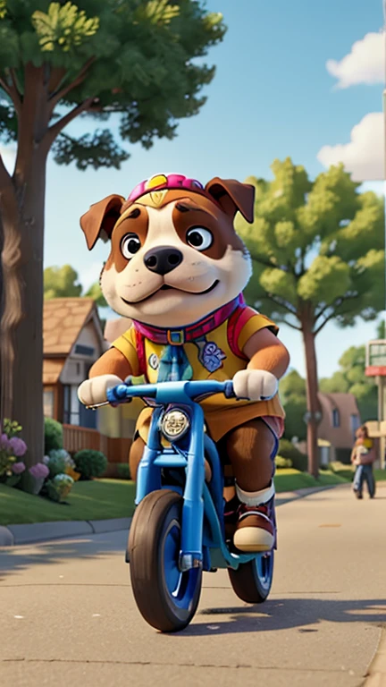 A charming English Bulldog wearing a colorful bandana and helmet rides a skateboard down a quiet, sunny neighborhood street.. The scenery is quiet, The puppy performs maneuvers with agility, weaving between trees and jumping low barriers. The scene captures the dog's excitement as he interacts with the children.