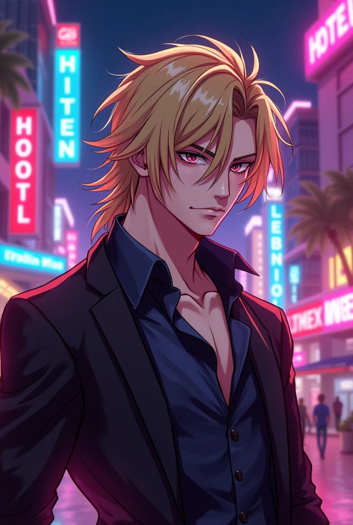 create a hazbin hotel style angel and anime with medium long blonde hair perfect handsome man