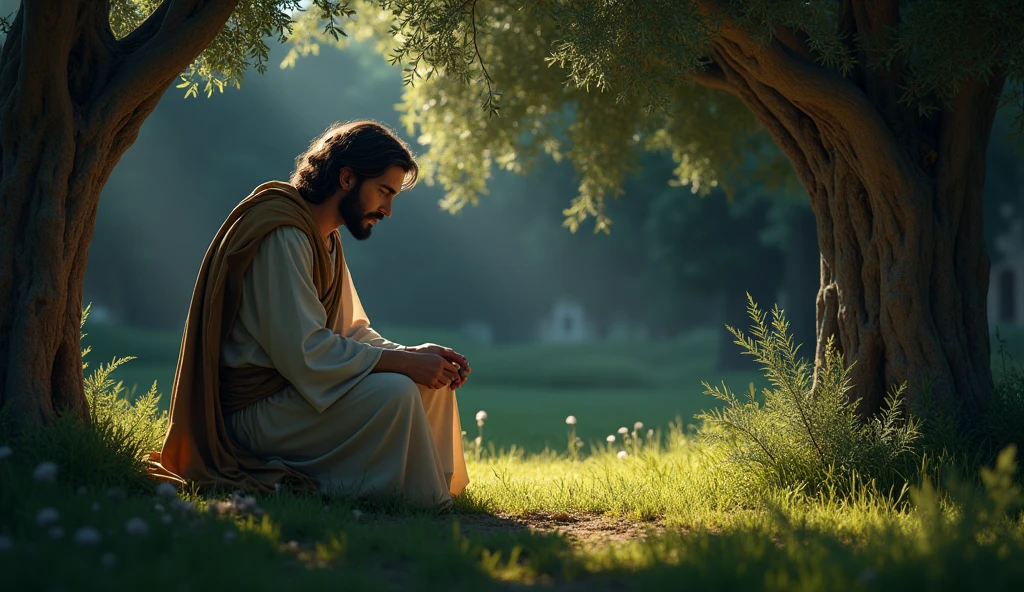 jesus no getsêmani conveying an image of security and trust rendered in a photorealistic, cinematic style