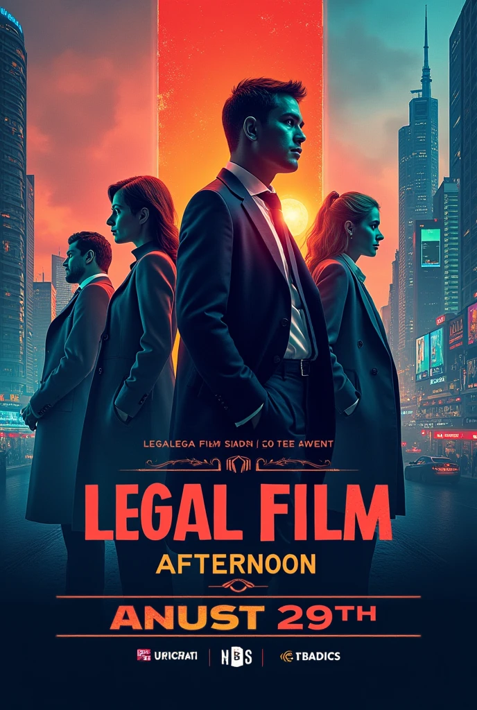 Create me a legal film banner that has a title "Legal Film Afternoon August 29", that is eye-catching and inspires me to go, that the image is vertical