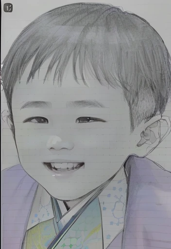 drawing of a young boy in a suit and tie smiling, detailed face of a asian boy, inspired by Yeong-Hao Han, by Sim Sa-jeong, traditional drawing style, inspired by Kim Myeong-guk, traditional art, inspired by Kim Eung-hwan, inspired by Byeon Sang-byeok, inspired by Huang Gongwang Shichi-Go-San celebration photo、A cute boy in a haori and hakama、More more more more more、Create a cute smiling 。