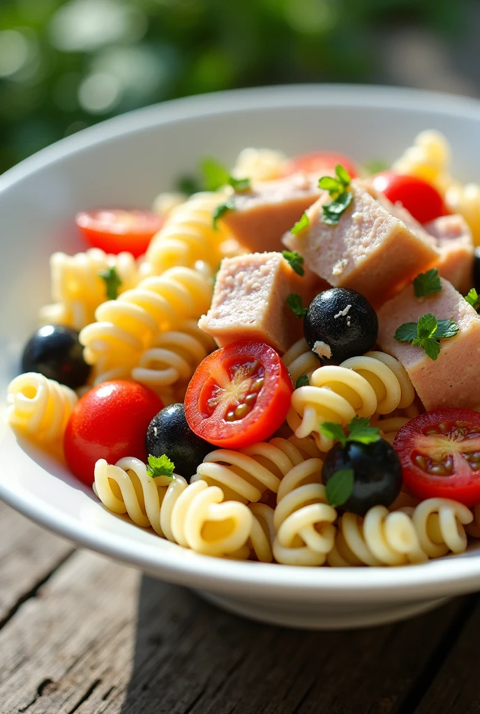 Tuna Pasta Salad A light and refreshing option, ideal for the hottest days, with screw pasta, Tuna, cherry tomatoes and olives.