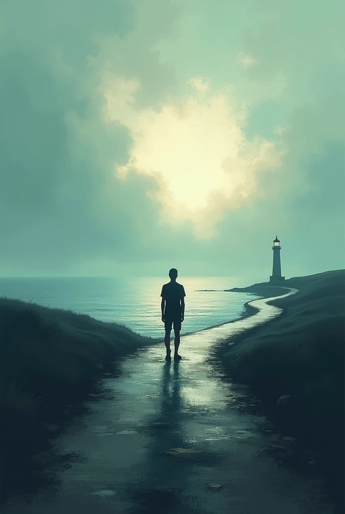 Silhouette d'une personne face à deux routes, l'une lumineuse, l'autre sombre, paysage onirique, style impressionniste", "Un bateau sur une mer calme, un phare au loin, ciel nuageux, ambiance contemplative