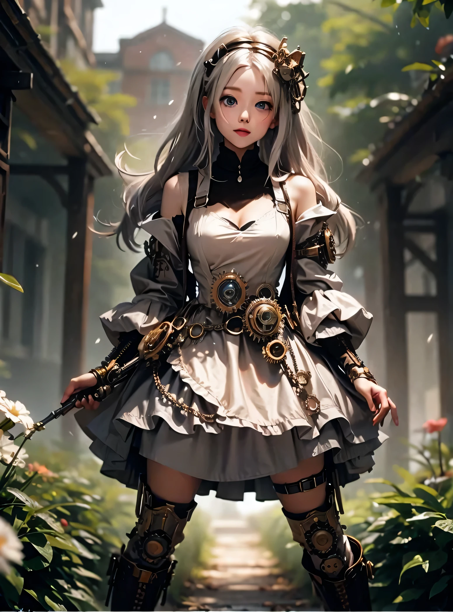 anime girl in a white dress and boots standing in a garden, anime visual of a cute girl, cute anime waifu in a nice dress, girl with white hair, white haired deity, in dress, anime moe artstyle, young anime girl, perfect white haired girl, an anime girl, white haired lady, female anime character, cute anime girlHD, (Best Detail), (Best Quality), Victorian Costumes, ((Steampunk))), meccog, cog,