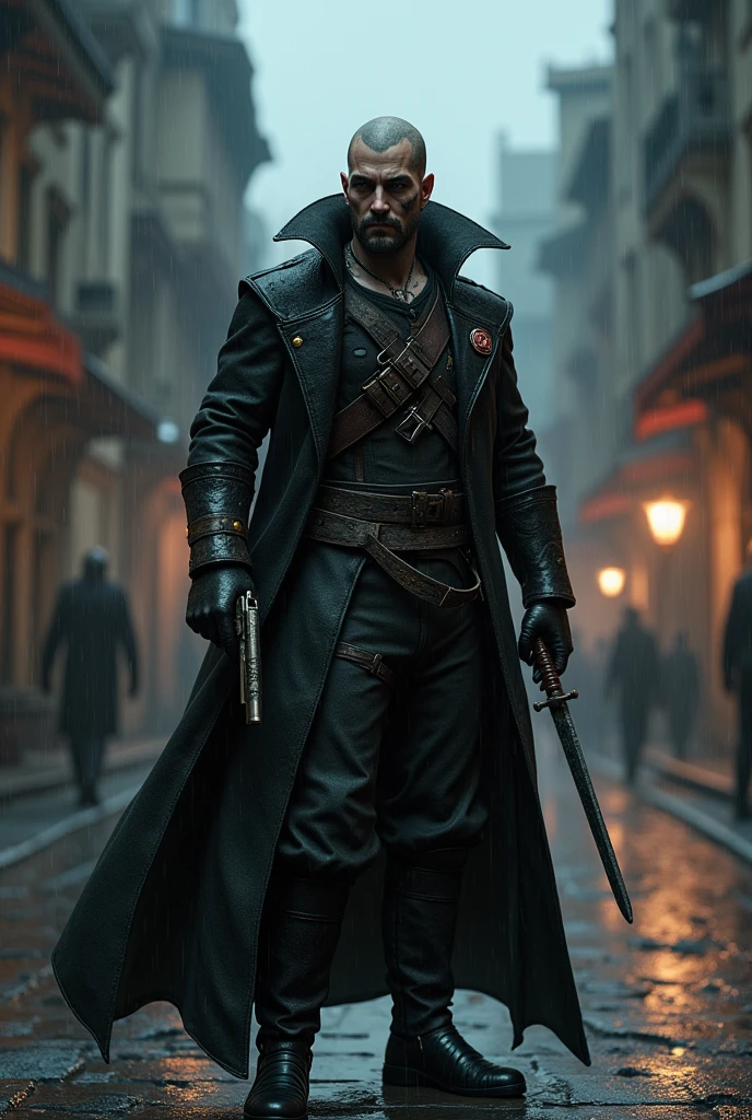 tattood male model shaved head, pointy mustachy, soul pach, glasgow smile scars, tall, slim fit, dressed as the main carrcter from the bloodborn videogame(raised coat collar, black three-cornered) , one shoot flint pistol in the one hand, rapier sward in the other, nigh in the rainy town from the bloodborn videogame with the cismic monsters from blooborn videogame atacking.