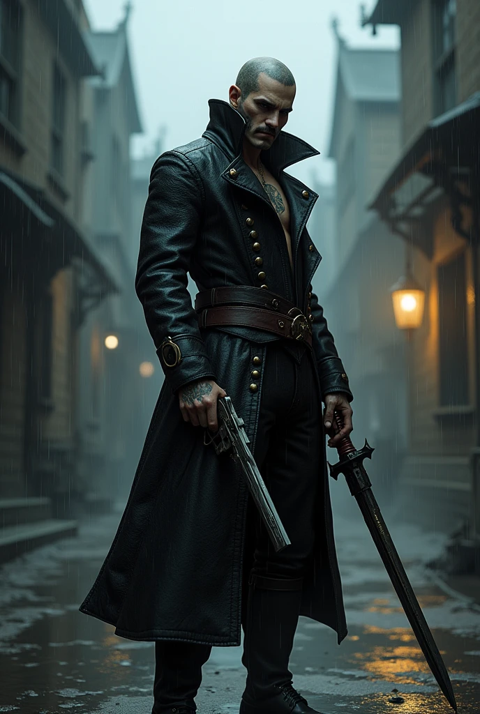 tattood male model shaved head, pointy mustachy, soul pach, glasgow smile scars, tall, slim fit, dressed as the main carrcter from the bloodborn videogame(raised coat collar, black three-cornered) , one shoot flint pistol in the one hand, rapier sward in the other, nigh in the rainy town from the bloodborn videogame with the cismic monsters from blooborn videogame atacking.