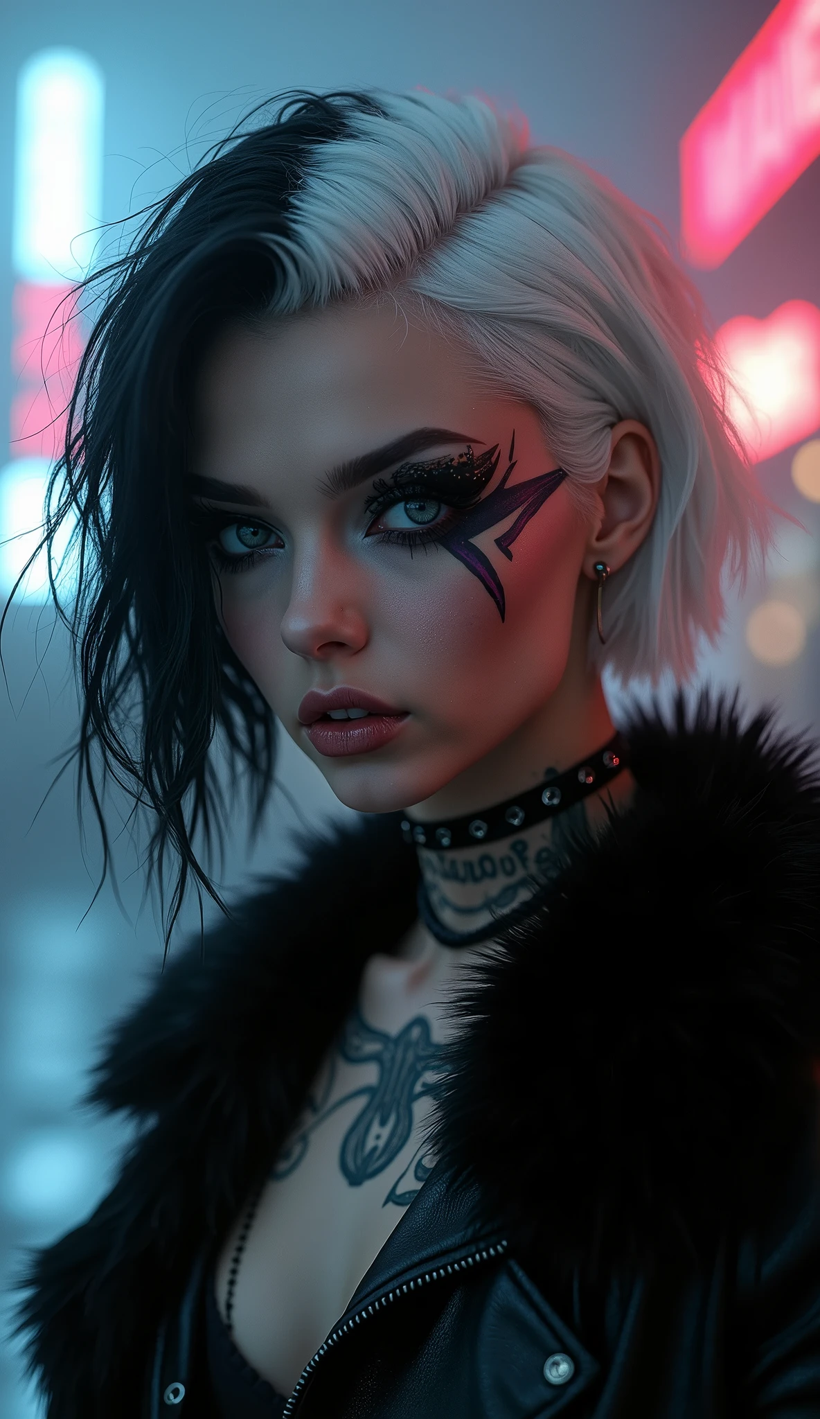 Girl、tattoo、fog、cyberpunk、black fur、monochrome、half white and half black、hyperrealistic, neon, made up