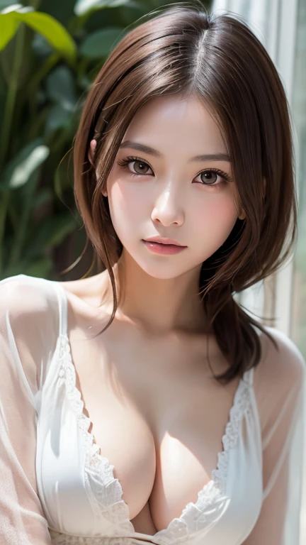 Highest quality、8k傑作、Ultra-high resolution、(Photorealistic:1.3)、RAW Photos、1 person、Brown hair short bob、Glowing Skin、1 personの超美人女子大生、((Ultra-Realistic Details))、Portrait、Global Illumination、Shadow、Octane Rendering、8k、Super sharp、Very intricate details、Realistic Light、CGSoation Trend、Beautiful Eyes、Shining Eyes、To the camera、White shirt、sheer、blush、Cleavage、Half-dressed、Being spied on while changing、amount
