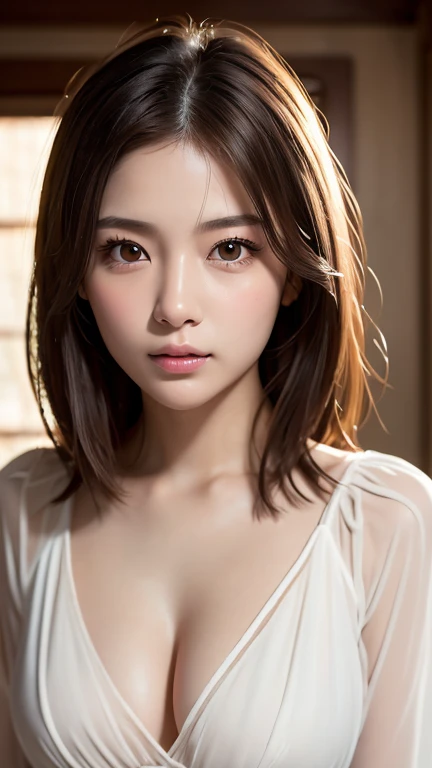 Highest quality、8k傑作、Ultra-high resolution、(Photorealistic:1.3)、RAW Photos、1 person、Brown hair short bob、Glowing Skin、1 personの超美人女子大生、((Ultra-Realistic Details))、Portrait、Global Illumination、Shadow、Octane Rendering、8k、Super sharp、Very intricate details、Realistic Light、CGSoation Trend、Beautiful Eyes、Shining Eyes、To the camera、White shirt、sheer、blush、Cleavage、Half-dressed、Being spied on while changing、amount