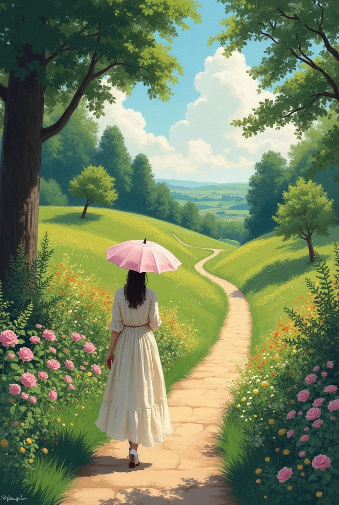 A wild pathway spilling with summer flowers, a distant view of a noblewoman passing by with a parasol, the figure of the noblewoman blending into the landscape, the scene of Cézanne's painting, illustration, and the best quality of the picture.