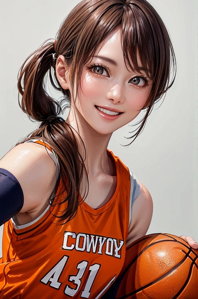 (((Highest quality、8k、32K、masterpiece)))、(Realistic)、(Realistic:1.2)、(High resolution)、Very detailed、Very beautiful face and eyes、1 person、Round and small face、Tight waist、Delicate body、(close、Highest quality、Attention to detail、Rich skin detail)、(Highest quality、8k、Oil paints:1.2)、Very detailed、(Realistic、Realistic:1.37)、Bright colors、(((Orange Hair)))、(((Cowboy Shot)))、(((Long Hair)))、(((The ends of the hair are tied)))、(((Pure white wall background)))、(((Wearing a basketball uniform)))、(((Orange and white basketball outfit)))、(((smile)))、(((1 female)))、(((Tank top style uniform)))、