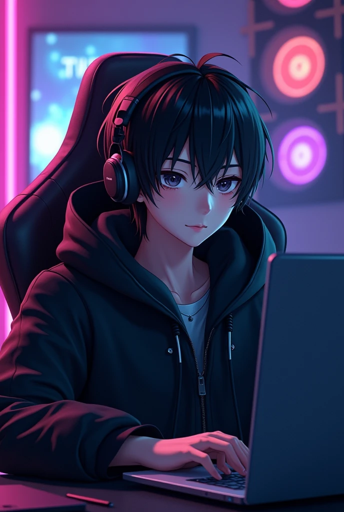Young man with black hair , black eyes, black wide coat with hood and sitting in a gaming chair with LED lights in the background and his laptop and with headphones , gentle face Anime