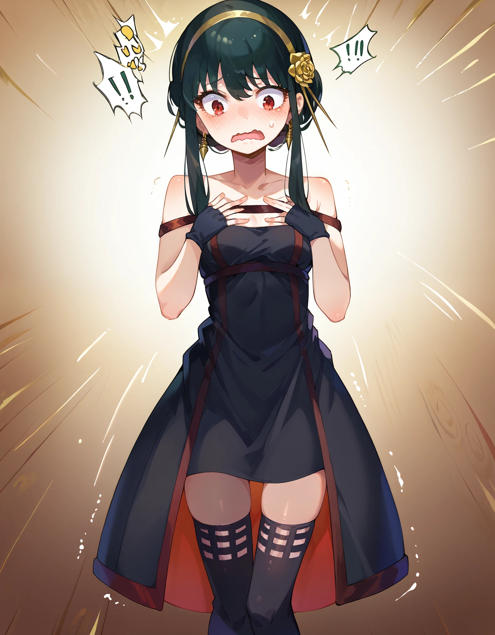 score_9, score_8_up, score_7_up, 1girl, solo, (****), kid, flat breasts, hands on breasts,Yor_Briar, red_eyes, black hair, long_hair, single_hair_bun, sidelocks, medium_breasts, gold_hairband, hair_flower, earrings, strapless_dress, black_dress, fingerless_gloves, black_thighhighs, bare_shoulders, standing, shocked face, wavy mouth, shaking, looking at down, ballroom, AgeRegression, Oversized Clothes,